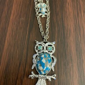 Vintage Owl Pendant Necklace Silver Faux Turquoise Double Strand